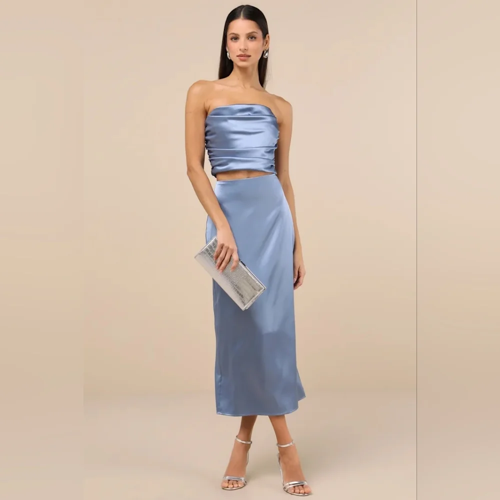 Lulus Demure Sweetie Slate Blue Satin Strapless Two-Piece Midi Dress M Wedding - Picture 2 of 10